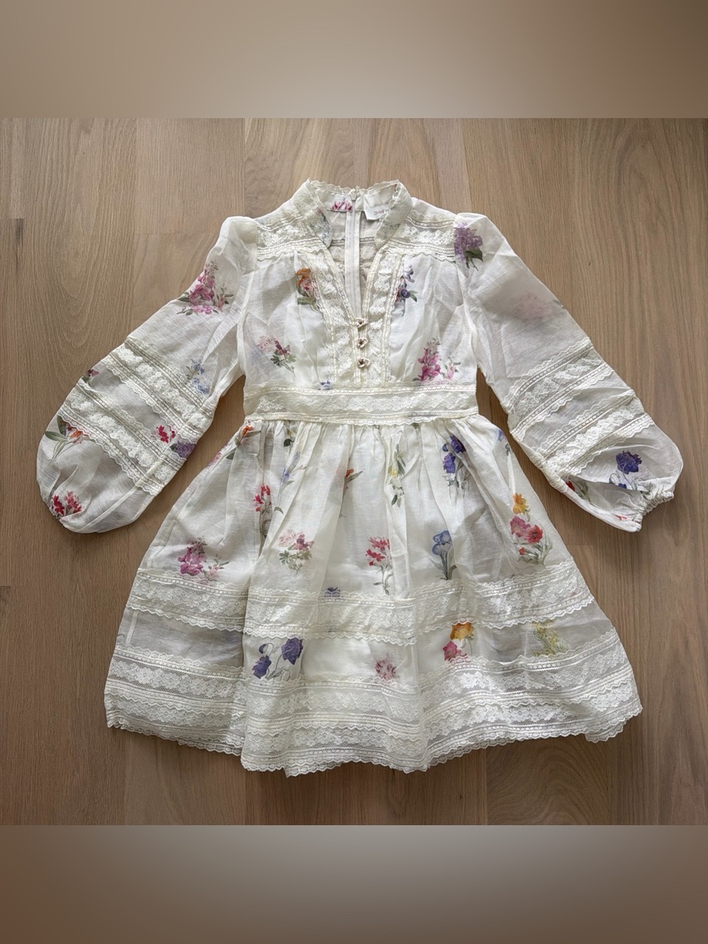 ZIMMERMANN NATURA V-NECK LACE MINI DRESS - MULTI BOTANICAL IVORY Size 2